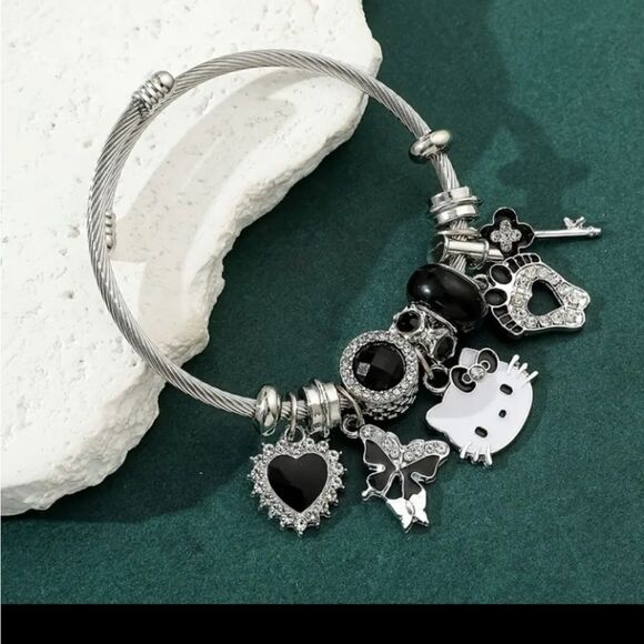 Hello Kitty Charm Pendant Silver & Black Tone Bangle Bracelet - Picture 3 of 6